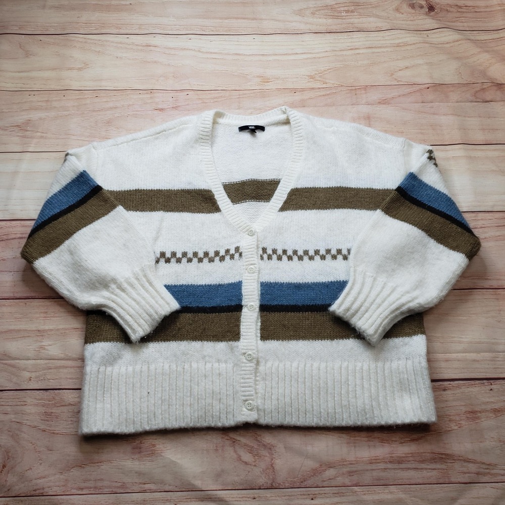 VANS Cardigan Sweater Womens Small White‎ Oversized Chunky Button Striped Skate